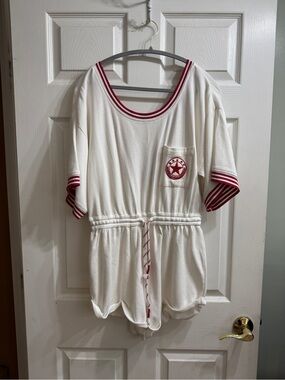 Antho White Romper with Red Stripe Trim and Star Patch